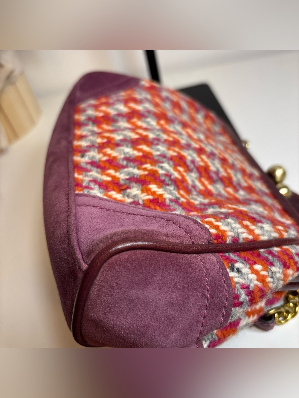 COACH LTD VTG PINK WOOL HOUNDSTOOTH SUEDE KISSLOCK GALLERY FRAMED BAG - Picture 14 of 16